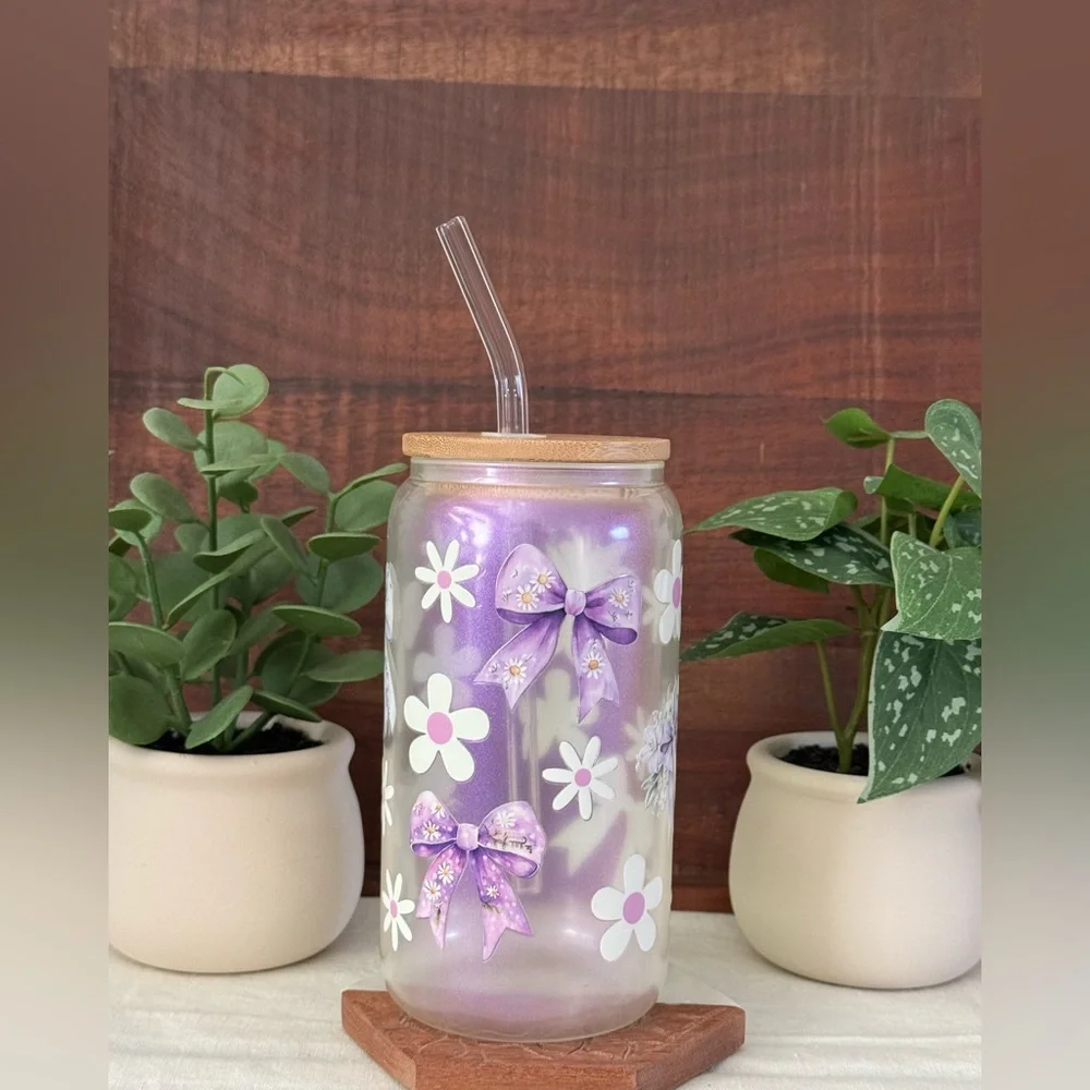Purple Bows and Daisies Coquette Iridescent Glass Can with Pink Glass Cup - Picture 9 of 12